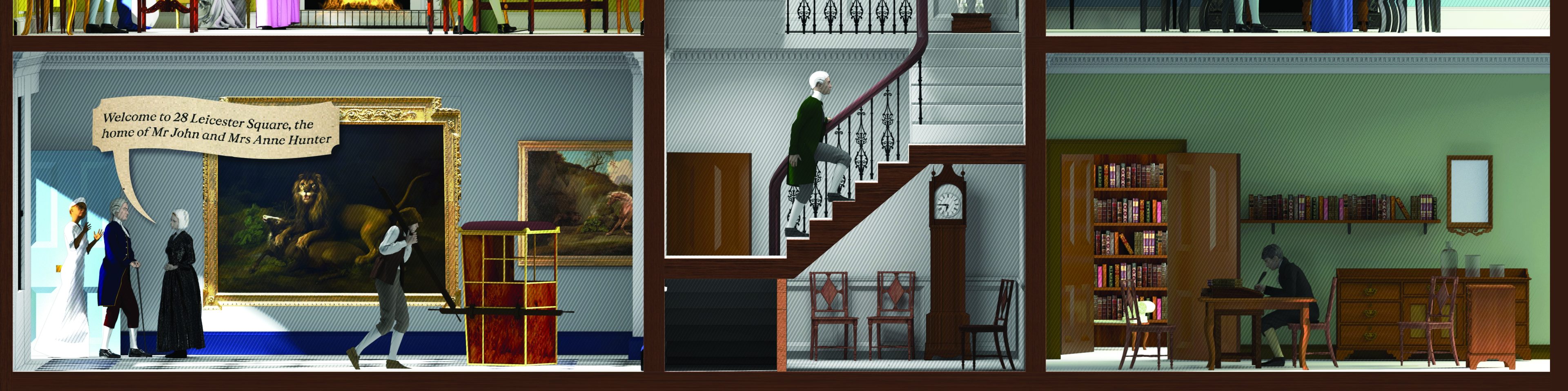 A graphic of the cross section of a house. There are five stories, with two rooms on each floor with a central staircase. The house is populated with people dresses in 18th century clothing, and is decorated in an 18th century style with four poster best, gold framed paintings and marble fireplaces.