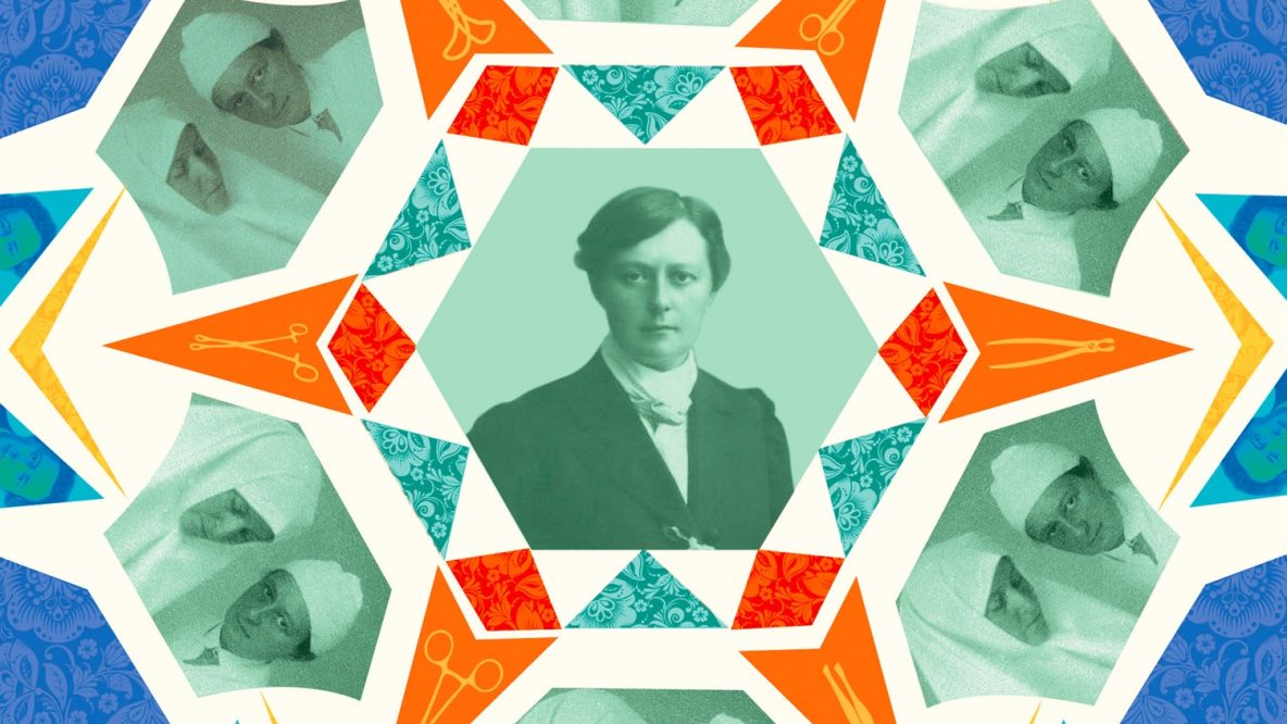 An image of a woman surrounded by a green kaleidoscope pattern