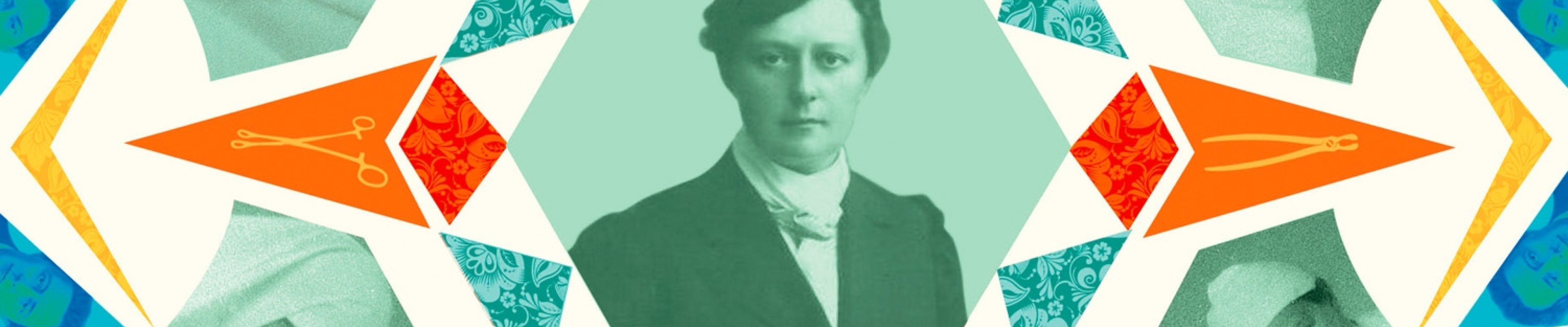An image of a woman surrounded by a green kaleidoscope pattern